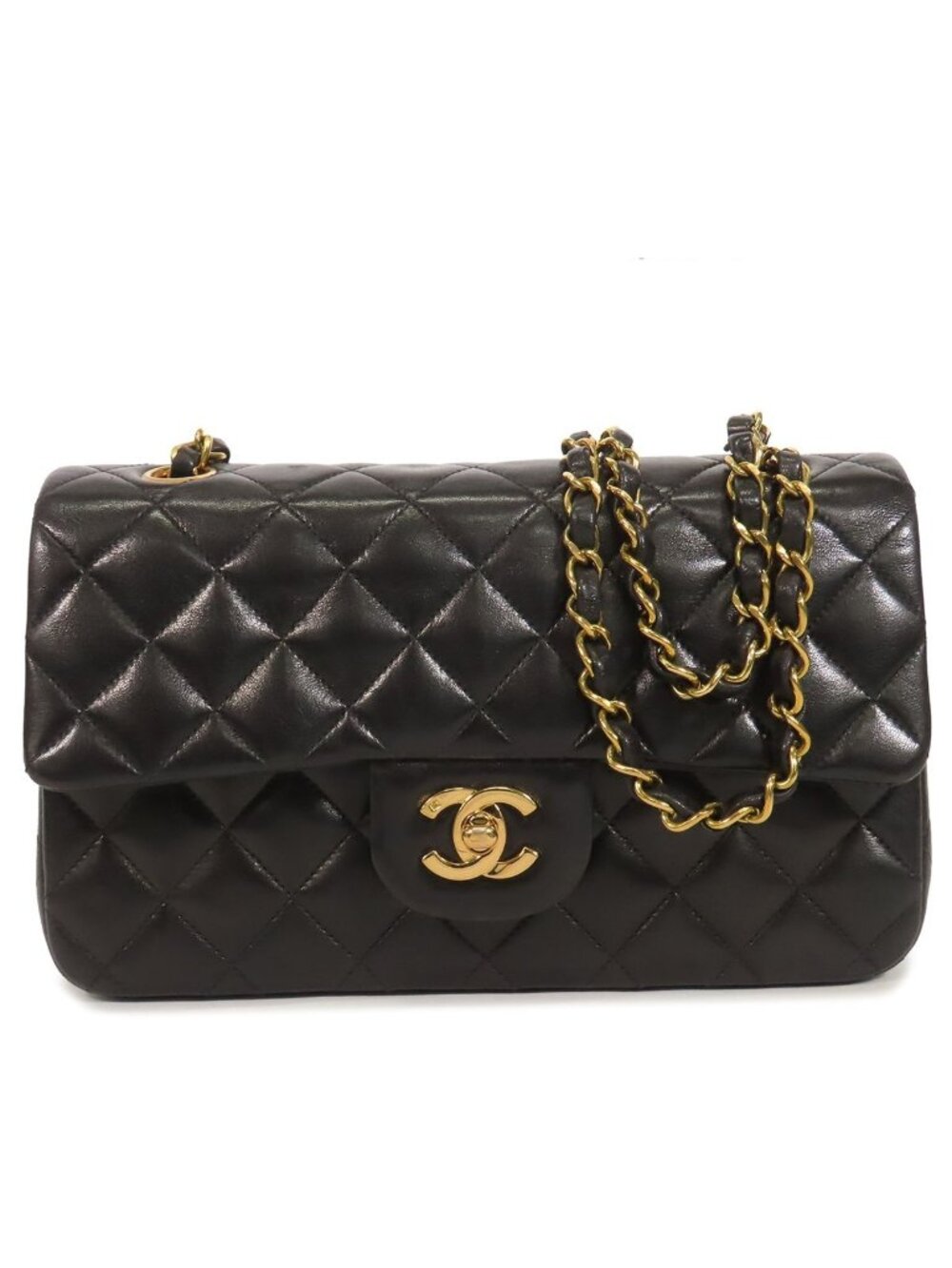 Chanel Chain Black Gold Lambskin Quilted 23 Double Flap Shoulder Bag